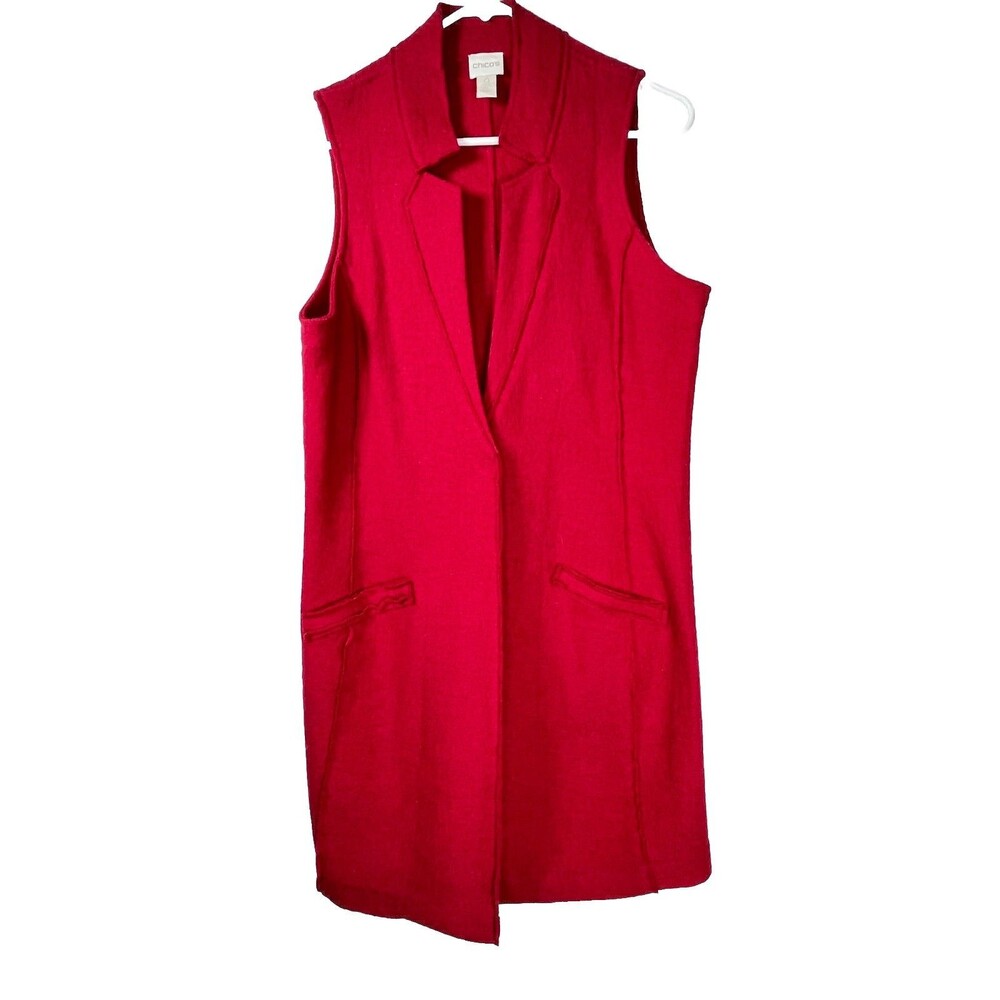 Chicos 100% Wool Berry Red Sz 0 S Sleeveless Long Cardigan